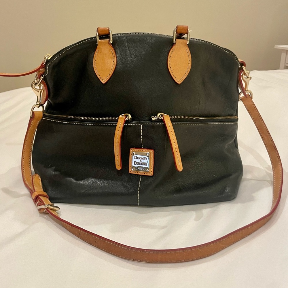 Dooney & Bourke leather satchel, black and brown with silver hardware.